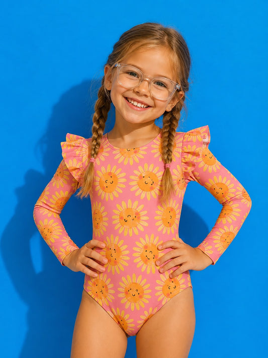Sunny Flower Pink - Vestido de baño enterizo manga larga con A