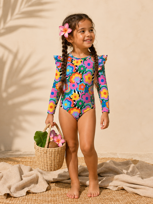 Flores Pop - Vestido de baño enterizo manga larga con A