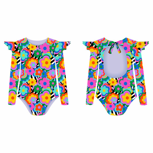 Flores Pop - Vestido de baño enterizo manga larga con A