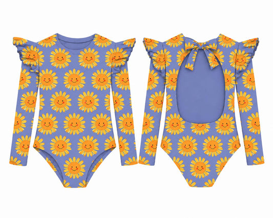Sunny Flower Azul  - Vestido de baño enterizo manga larga con A