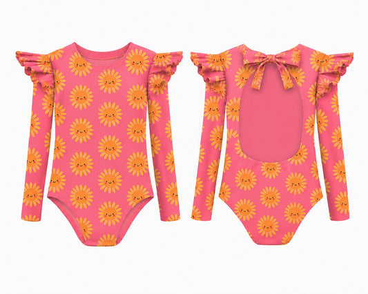 Sunny Flower Pink - Vestido de baño enterizo manga larga con A