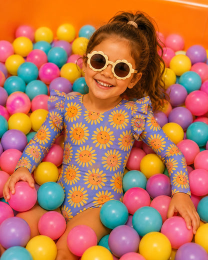 Sunny Flower Azul  - Vestido de baño enterizo manga larga con A