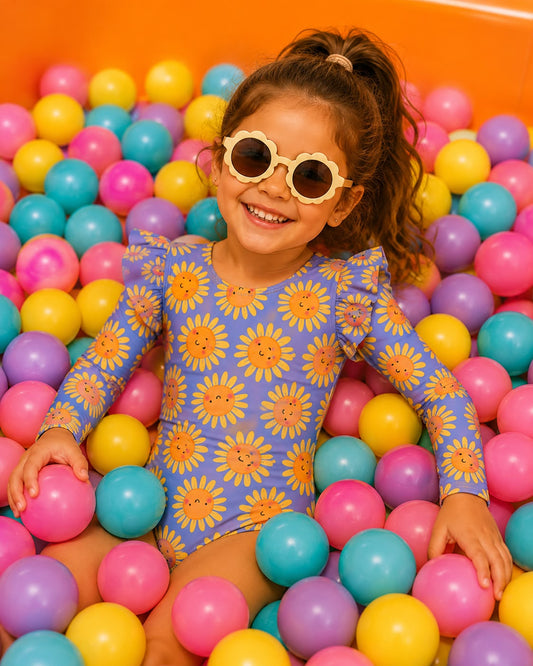 Sunny Flower Azul  - Vestido de baño enterizo manga larga con A