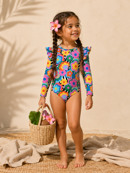 Flores Pop - Vestido de baño enterizo manga larga con A